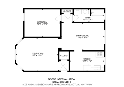 A black and white image of a floor plan for a house with a total gross internal area of 680 square feet.